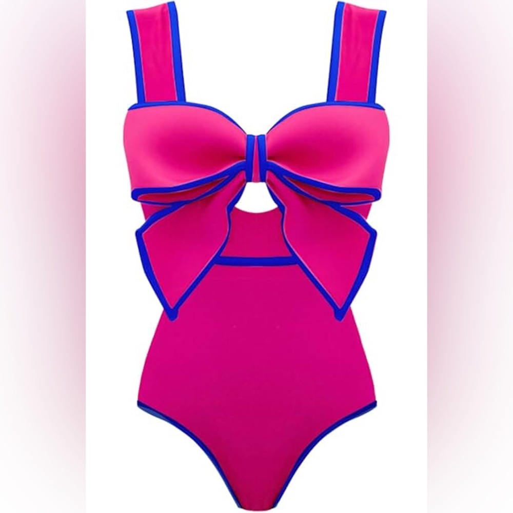 Flaxmaker Bow Detail One Piece Swimsuit with Cutout Pink Blue Size Small